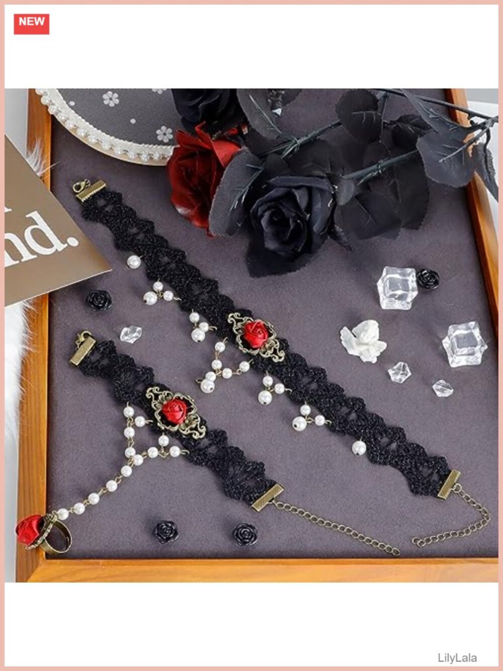 Lace Choker Necklace Bracelet Ring Set Gothic Victorian Charm Adjustable - Picture 2 of 4